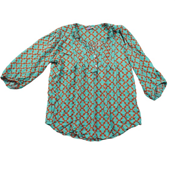 Soft Surroundings Tops - Soft Surroundings Medium Teal Orange Quatrefoil Geometric Shirt Blouse Casual
